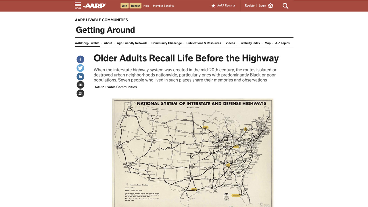 image description: screenshot of AARP article. text reads: "older adults recall life before the highway"