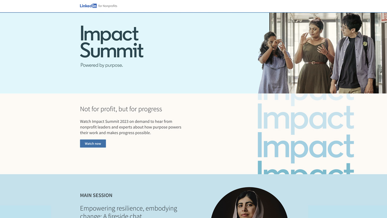 image description: photo of diverse non profit leaders against blue background. text reads: LinkedIn Impact Summit.
